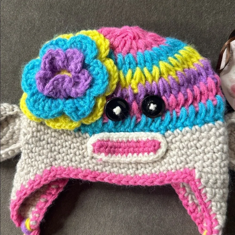 Daisy Baby Sock Monkey Infant Beanie Hat Multicolor Flower 0-6 months NEW